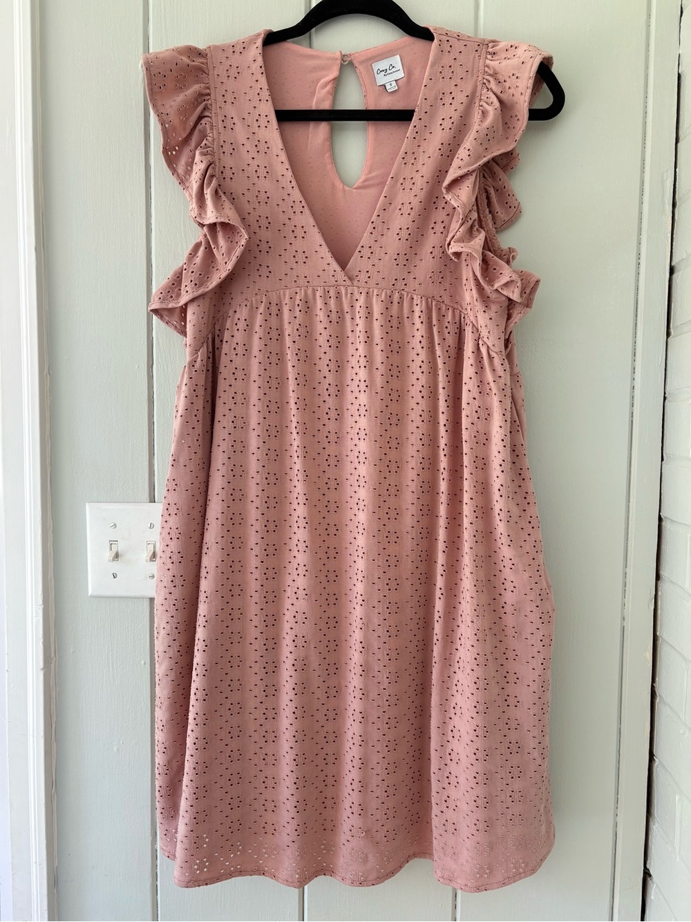 Cozy Co. by Cozy Casual - Angie Dusty Pink Eyelet Ruffle V-Neck Dress